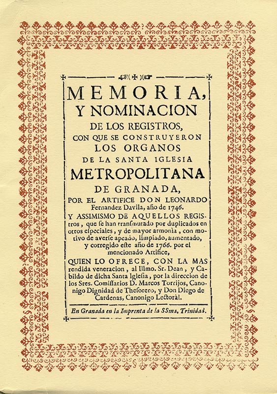 ÓRGANOS DE LA CATEDRAL DE GRANADA Memoria y nominación de sus registros. Portada